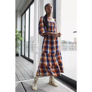 Urban Outfitters UO Lottie Strappy Check Printed Midi Dress Smocked S NWD 250292